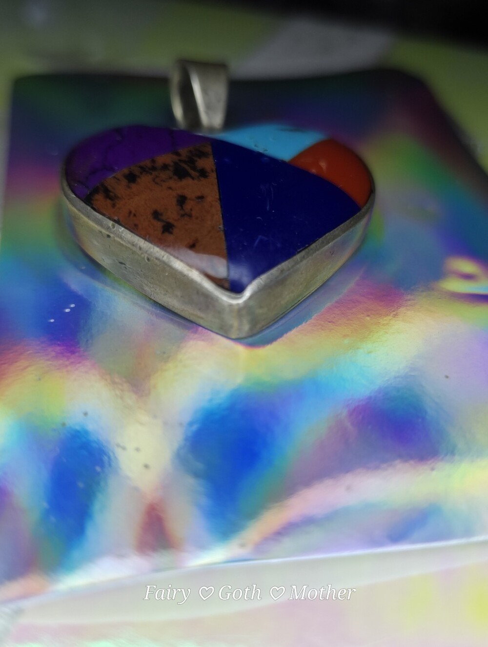 VTG Taxco Mexico 925 Sterling Silver Multi Stone Inlay Patchwork Heart Pendant - Picture 6 of 12